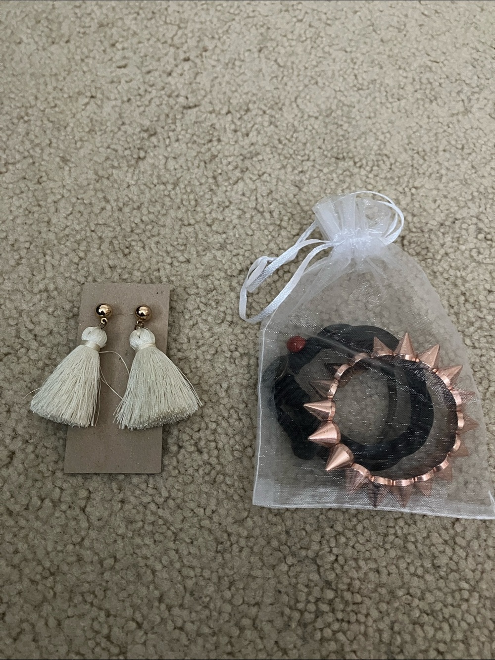 Rose Gold Jewelry Bundle, Tassle Earrings, Spike Bracelet, leather empowerment
